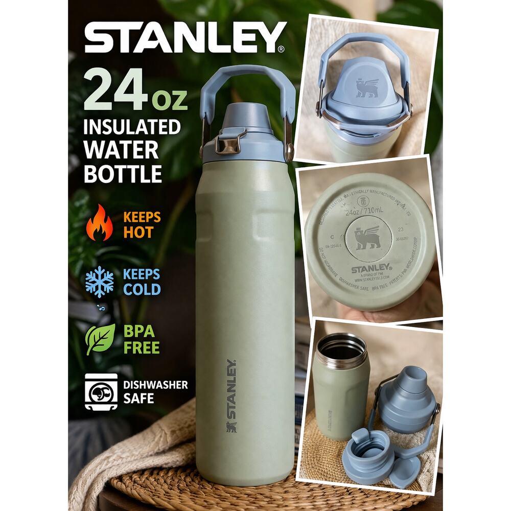 Stanley 24oz Insulated Water Bottle Green Flip Lid BPA Free  Description: